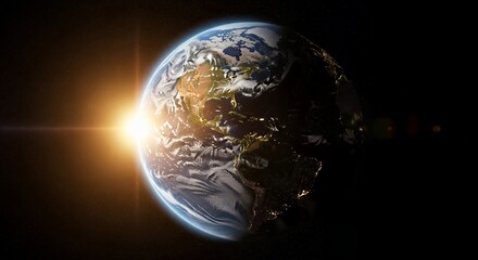 Sunrise illuminating the Earth from space with twinkling city lights visible on the planet's surface