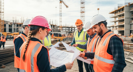 A group of construction workers discussing plans at a construction site.