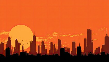 Obraz premium Silhouette cityscape at fiery sunset