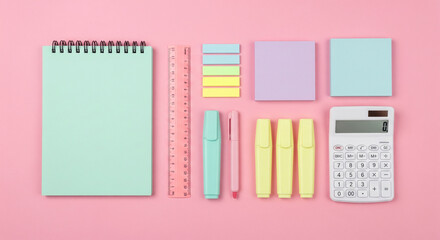Office supplies and stationery arranged neatly on a pastel pink background for creative projects