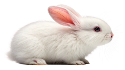 Photo of a fluffy white baby bunny with pink ears and dark eyes sits on a plain transparent background