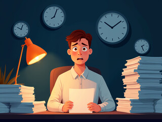Cartoon Man Working Late and Exhausted by Deadlines