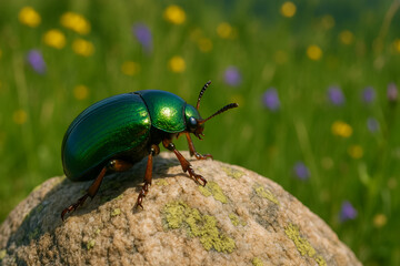 Naklejka premium Shiny Green Beetle Resting on Mossy Rock in a Blooming Meadow