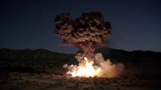 HD drone strike in desert at night. Laser-guided missile explosion in slow motion. Military drone attack footage.