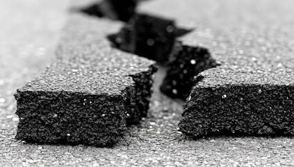 Close-up of fractured black rubberized flooring tiles