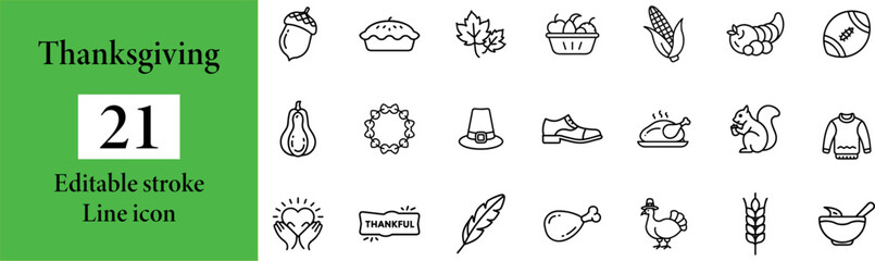collection of 21 Festive thanksgiving icon featuring autumn harvest elements isolated on transparent background