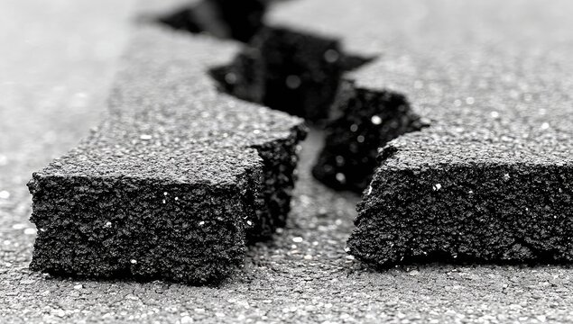 Close-up of fractured black rubberized flooring tiles