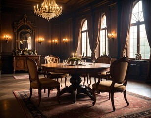 Dark wood dining room with antique furniture, chandelier, and windows