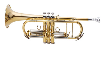 Obraz premium Polished brass trumpet, bright gold tone, isolated on white background. Valves and mouth piece are visible. High quality musical instrument