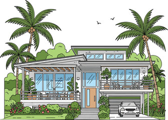 Modern tropical house with palm trees and a car. Vector illustration of a contemporary home with a garage and balcony, ideal for real estate, architecture, or lifestyle design.