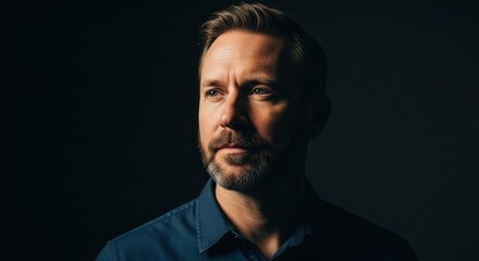 Obraz premium A man with a beard and mustache, wearing a dark blue shirt, standing against a dark background.