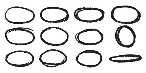 Hand-drawn ovals and circles set. Highlight circle frames. Ellipses in doodle style. Set of various geometric round shapes to circle and highlight text.