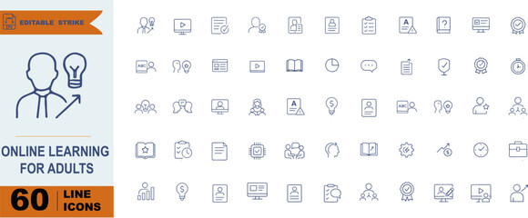 Online Learning for Adults Icon Pack – 60 Line Icons Featuring E-Learning Tools, Certificates, Mobile Interfaces & Study Planning Assets