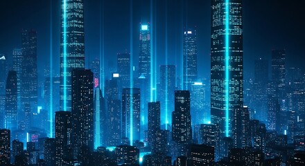 Futuristic cityscape at night, illuminated by glowing teal digital data streams connecting skyscrapers.
