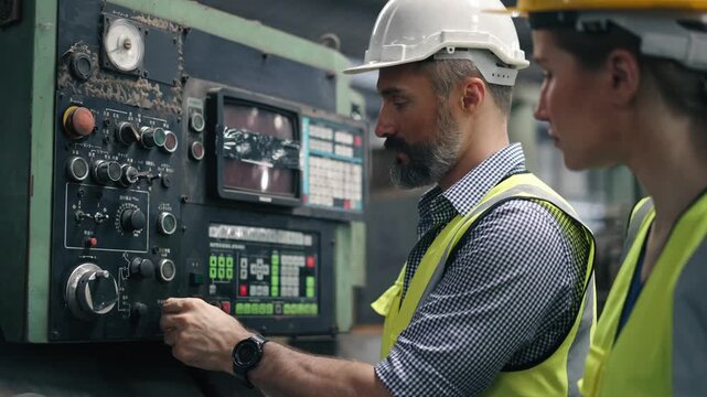 An engineer foreman explaining and training trainee worker about factory machinery at construction site. Operating big machine, inspecting qualtiy control before running work.