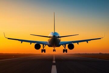 Majestic Flight Airplane Ascending into a Golden Sunset, Capturing Travel's Freedom