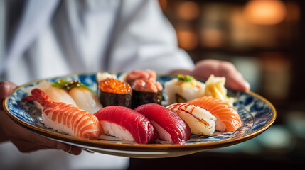 A Japanese chef is showing off a delicious-looking sushi set beautifully arranged on a plate.