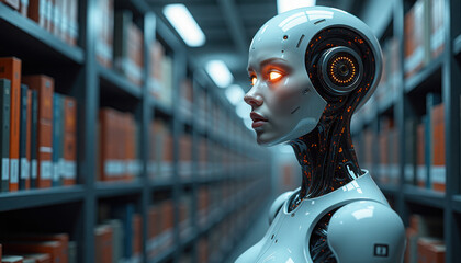 Futuristic humanoid robot with glowing eyes in a high-tech library
