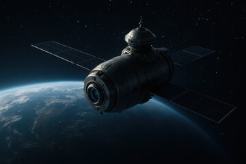 Futuristic surveillance satellite with advanced camera technology orbiting planet Earth in the darkness of outer space