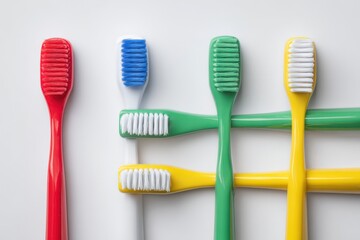 Colorful Toothbrushes Arranged on White Surface.