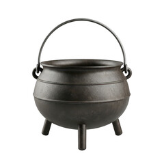  black cast iron cauldron pot with handle and legs, isolated on transparent background