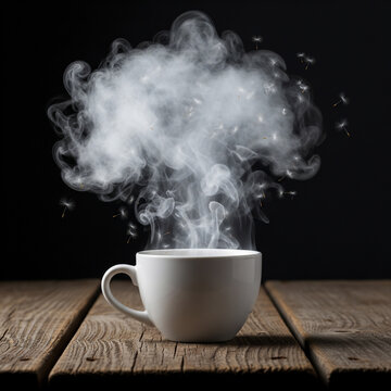 Cup of coffee on a dark background with steam and dandelion blow-ball and flying seeds