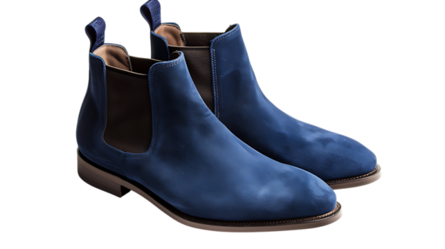 Stylish pair of blue suede chelsea boots isolated on transparent background, a versatile and fashionable choice for any wardrobe, offering both comfort and sophistication for the discerning gentleman