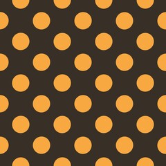 A repeating pattern of orange polka dots evenly spaced on a dark brown background creates a playful and retro aesthetic. The uniform design adds a sense of order and symmetry.