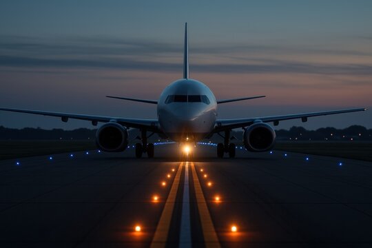 Front view of an aircraft taxiing on a runway at dusk with landing lights illuminated.