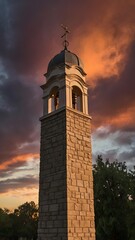 Fototapeta premium Towering Bell Tower in the Soft Glow of Sunset, Majestic Stone Tower with an Impressive Architectural Design Against a Fiery Sky