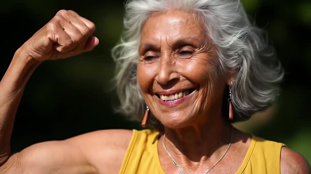 Smiling Senior Woman with White Hair Flexing Arm Muscle in Yellow Tank Top Outdoors