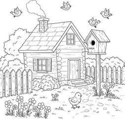 Rustic log cabin and birdhouse in a country garden. Black and white illustration for a coloring page.