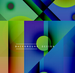 Fototapeta premium Abstract geometric shapes overlap, creating vibrant colorful background. Modern design utilizes gradients, circles, squares, rectangles.