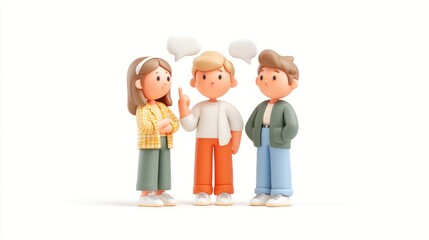 Three cartoon characters talking, with thought bubbles above their heads on white