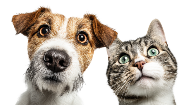 Cute dog and cat looking closely at something interesting