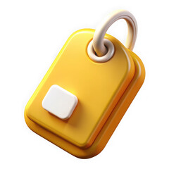 3d yellow luggage tag with metal ring isolated on transparent background