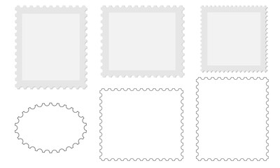Set of blank postage stamp templates for mail, postcards, letters, and notes. Jagged, wavy edge forms. Vector zigzag objects for badges, stickers, and photos.