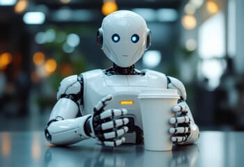 White robot with a coffee cup.