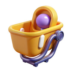 Cute yellow baby bassinet with purple accents isolated on transparent background