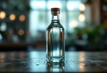 Clear glass bottle on a wooden table.