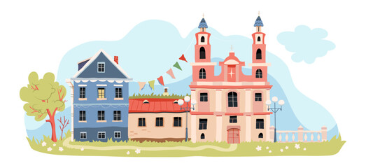 Cartoon illustration of old town in flat style. Cityscape with houses and trees.