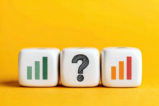Three small white cubes on a yellow background. Left and right cubes show upward trending graphs; middle cube shows a question mark