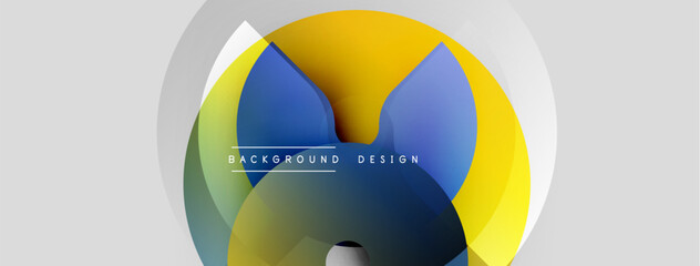Abstract geometric shapes overlap, creating vibrant color gradients. Modern design elements suggest dynamic visual experience.