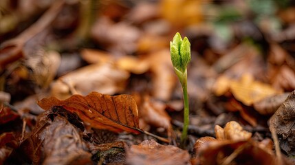 Tiny green sprout emerging from autumn leaves