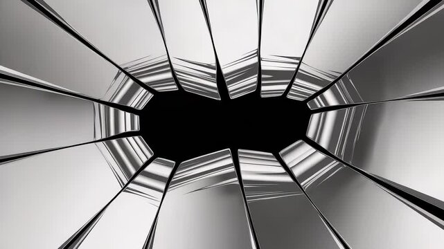 Shattered metallic surface with outward-moving pieces and reflective highlights