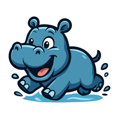 Happy cartoon hippo running on water surface