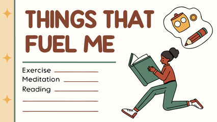 Things that fuel me list with illustrated self care activities for personal growth and well being