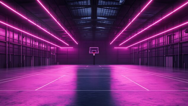 A basketball court bathed in vibrant purple and pink neon lights creates a futuristic atmosphere