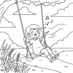 Joyful cartoon girl swinging under a tree and singing happily. Line art illustration for a children's coloring book.