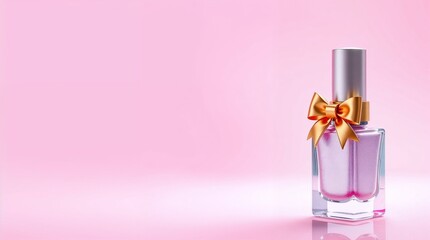 Pink nail polish bottle adorned with golden satin bow on pink background with copy space